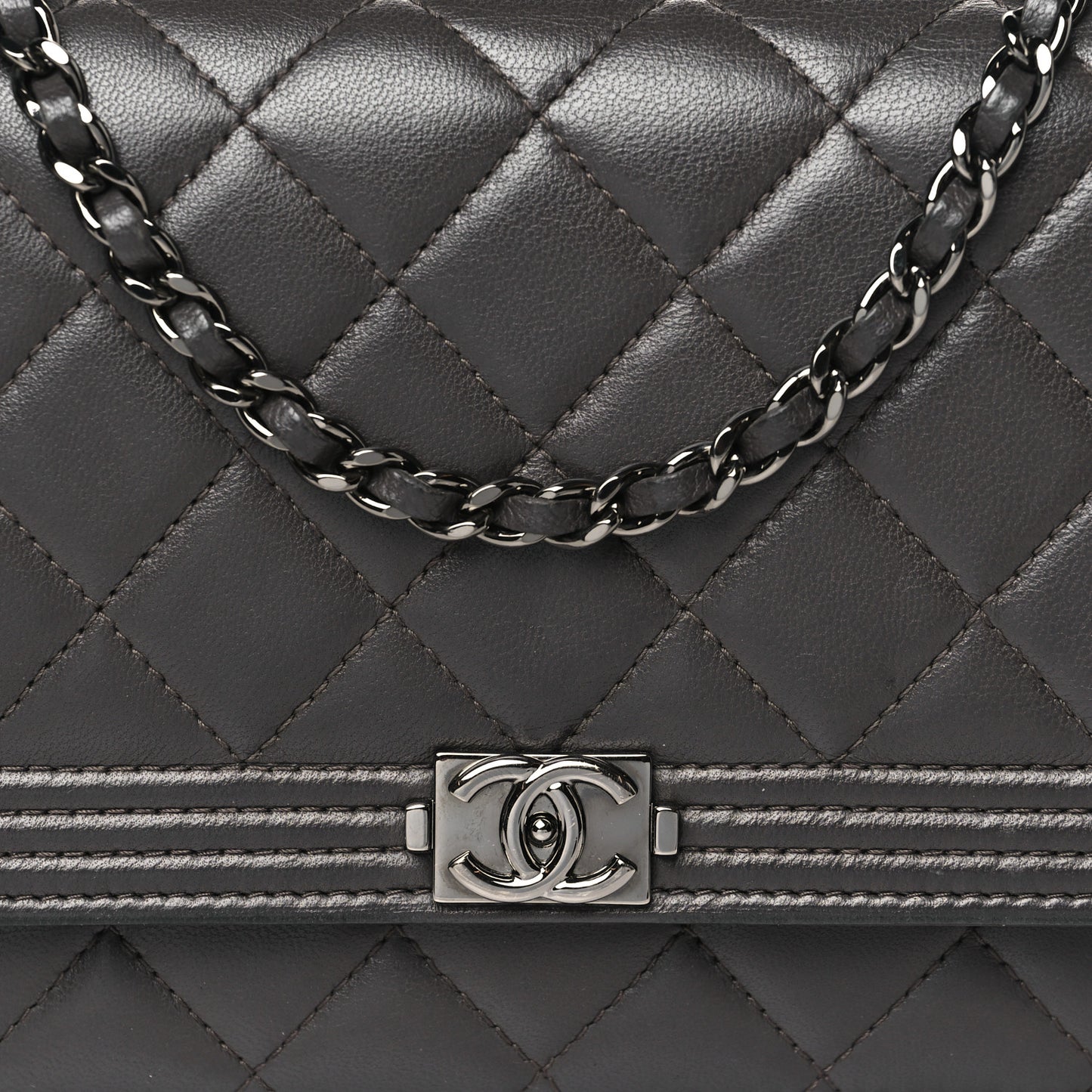 Lambskin Quilted Boy Wallet On Chain WOC Dark Grey
