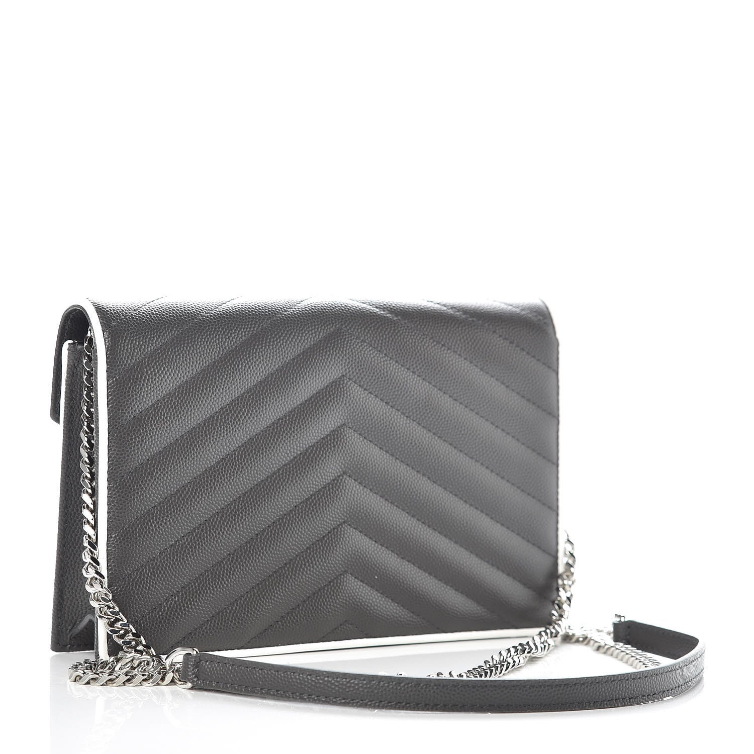 Saint Laurent Grain De Poudre Matelasse Chevron Monogram Chain Wallet Asphalt White 3 of 9