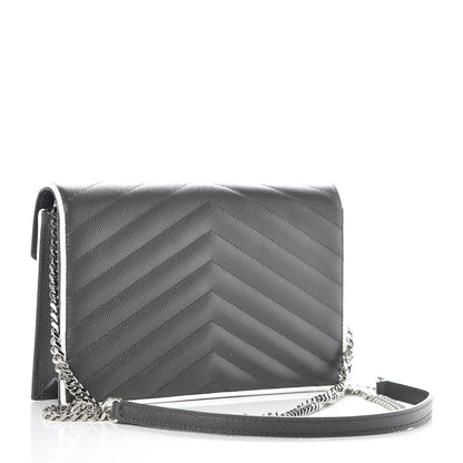 Saint Laurent Grain De Poudre Matelasse Chevron Monogram Chain Wallet Asphalt White 3 of 9