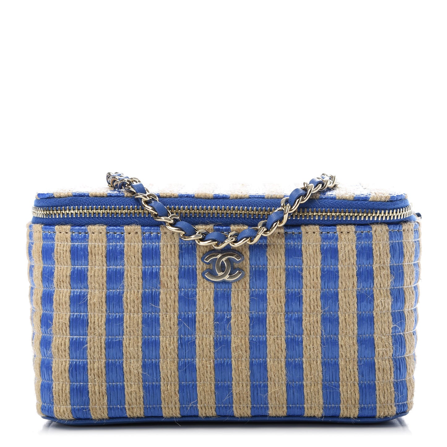 Raffia Jute Striped Small Vanity Case With Chain Blue Beige