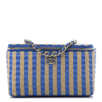 Chanel Raffia Jute Striped Small Vanity Case With Chain Blue Beige 1 of 10