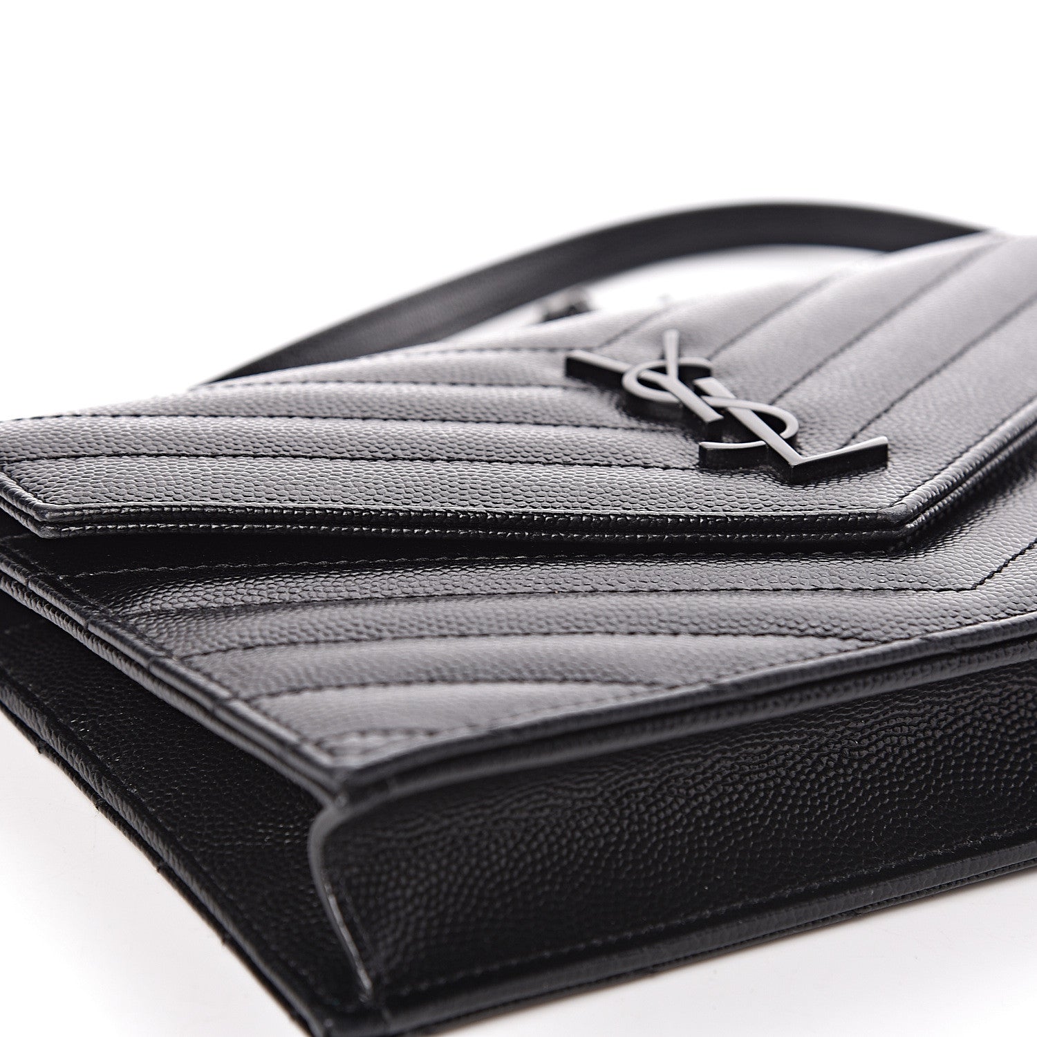 Saint Laurent Grain De Poudre Matelasse Chevron Monogram Envelope Chain Wallet Black 12 of 16