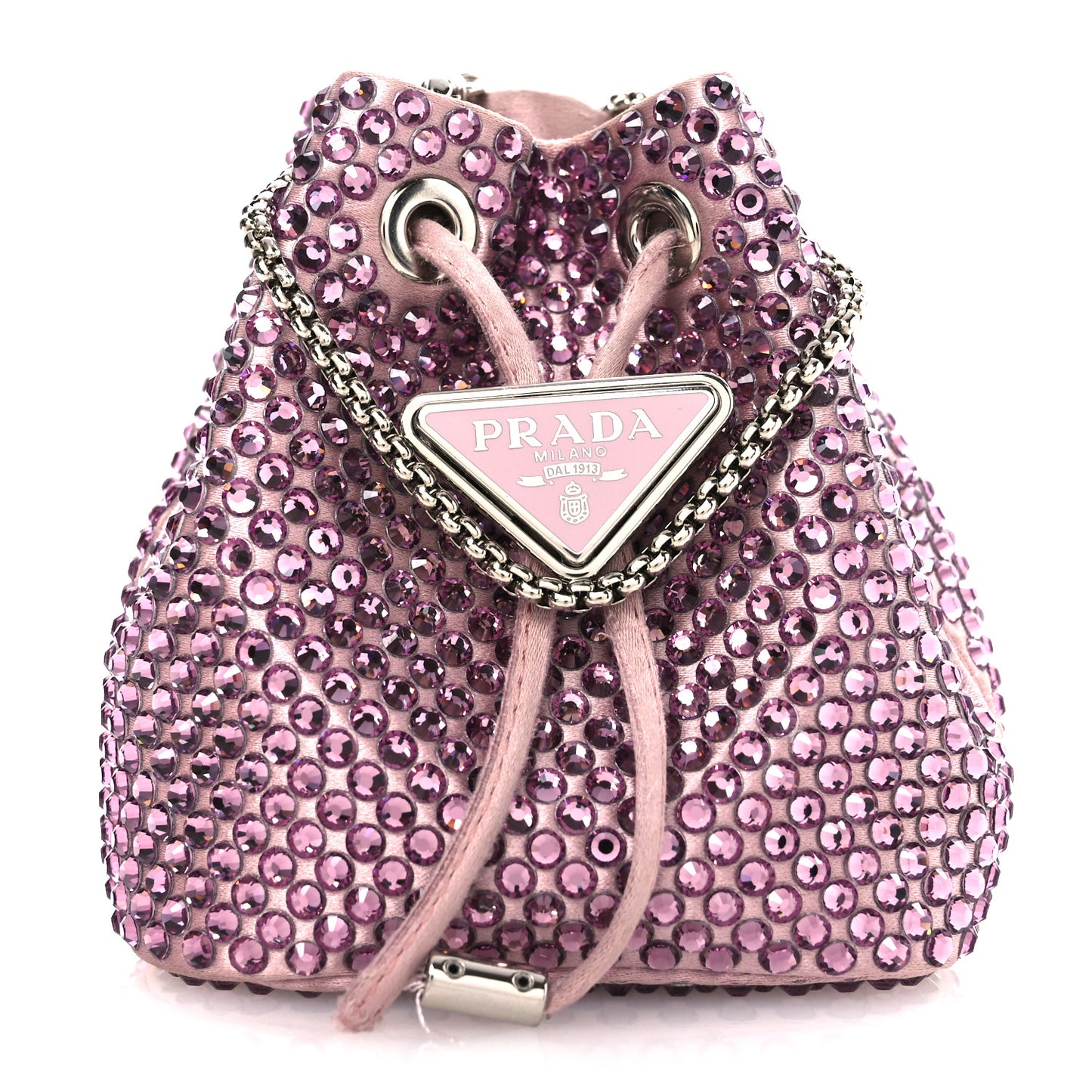 Satin Crystal Metal Triangle Logo Mini Drawcord Pouch Shoulder Bag Alabastro