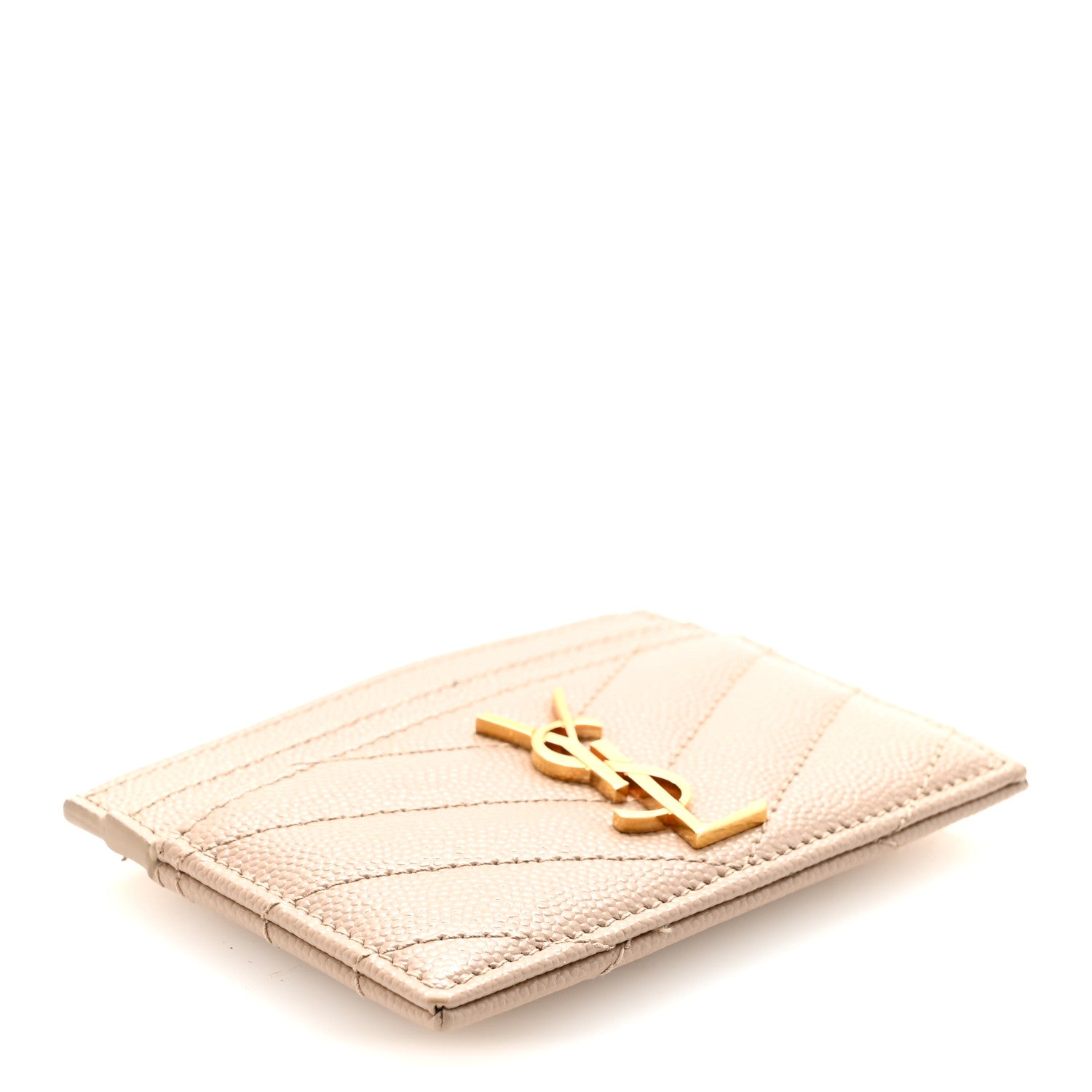 Saint Laurent Grain De Poudre Matelasse Chevron Monogram Credit Card Case Dark Beige 4 of 7