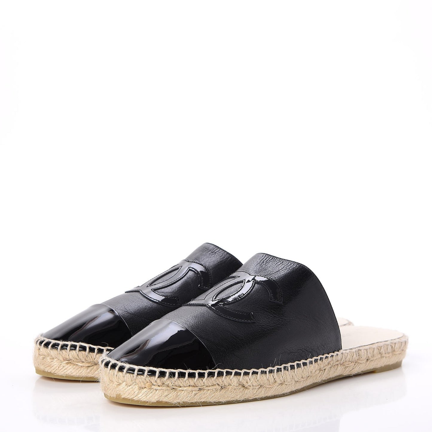 Iridescent Goatskin Patent CC Espadrille Mules 42 Black