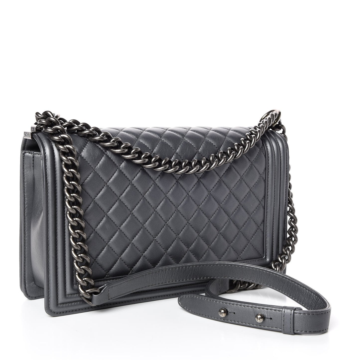 Metallic Calfskin Quilted New Medium Boy Flap Dark Silver