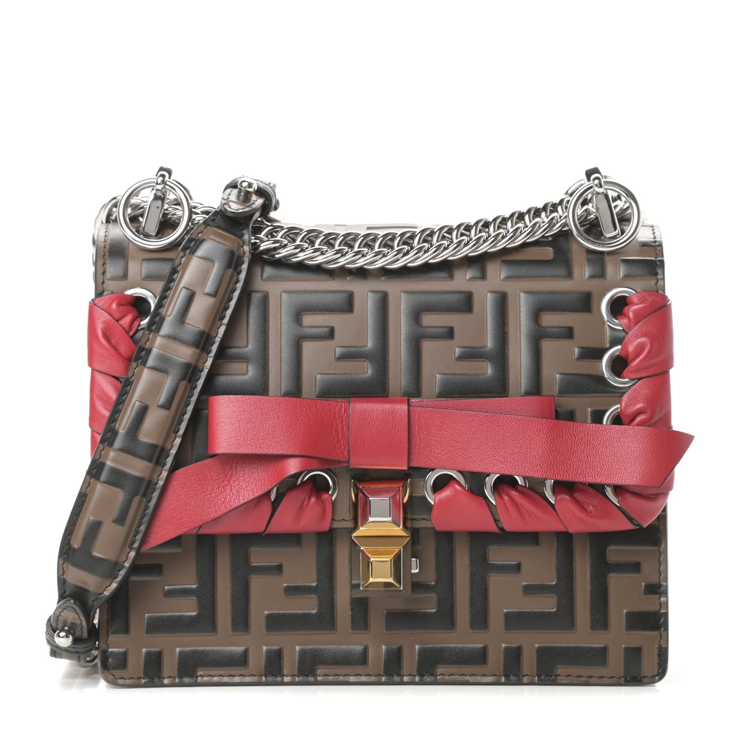 Vitello Shiny Nappa Bi-Color FF 1974 Lace Up Bow Embossed Small Kan I Shoulder Bag Maya Black Fragola