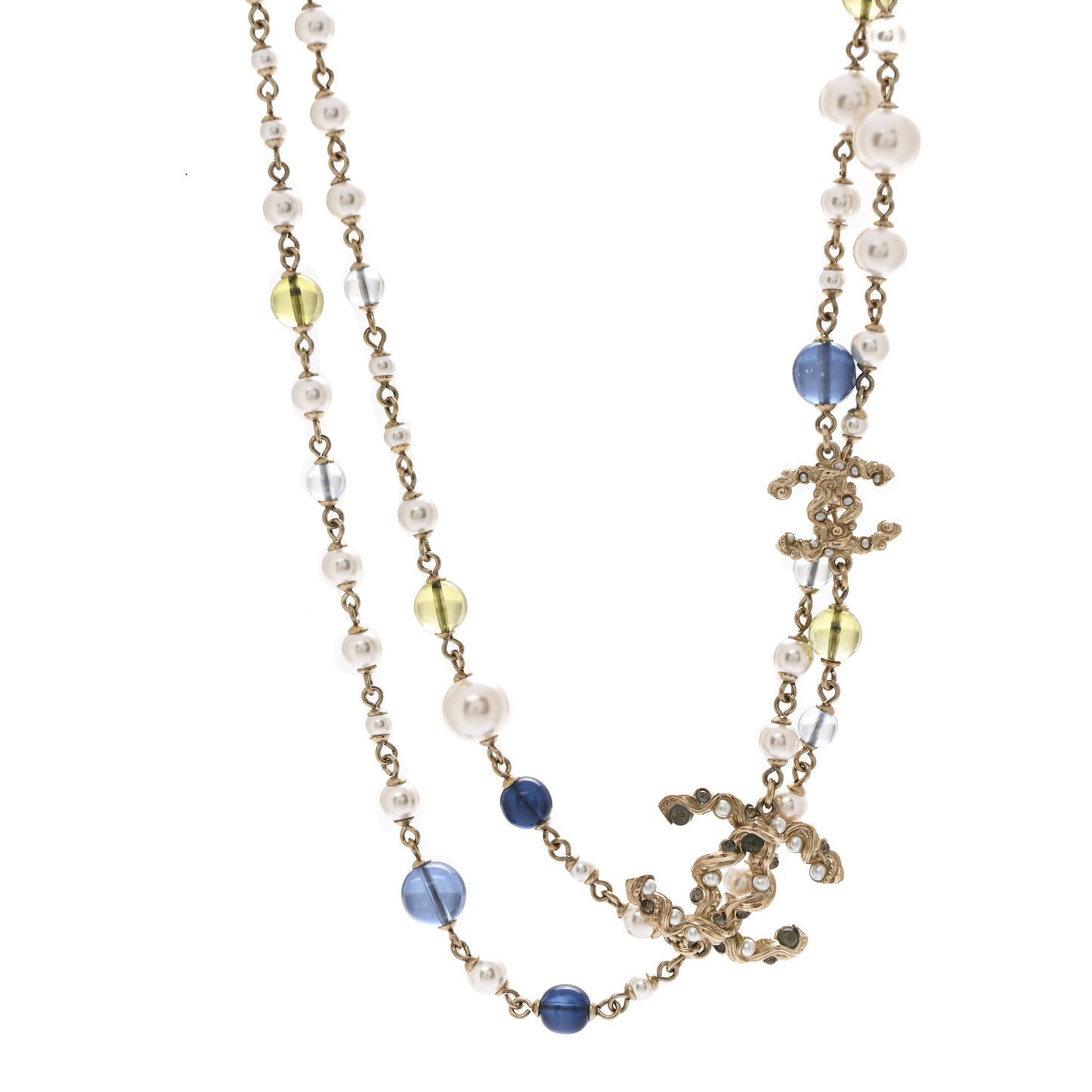 Pearl Glass Bead CC Long Necklace Blue Gold