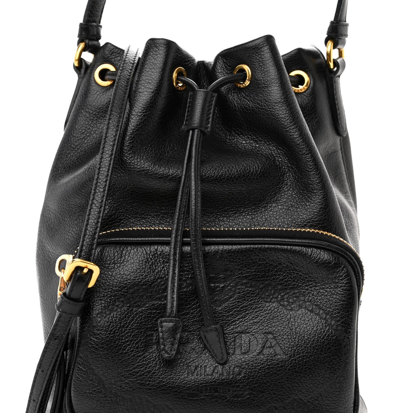 Glace Calfskin Embossed Secchiello Bucket Bag Black