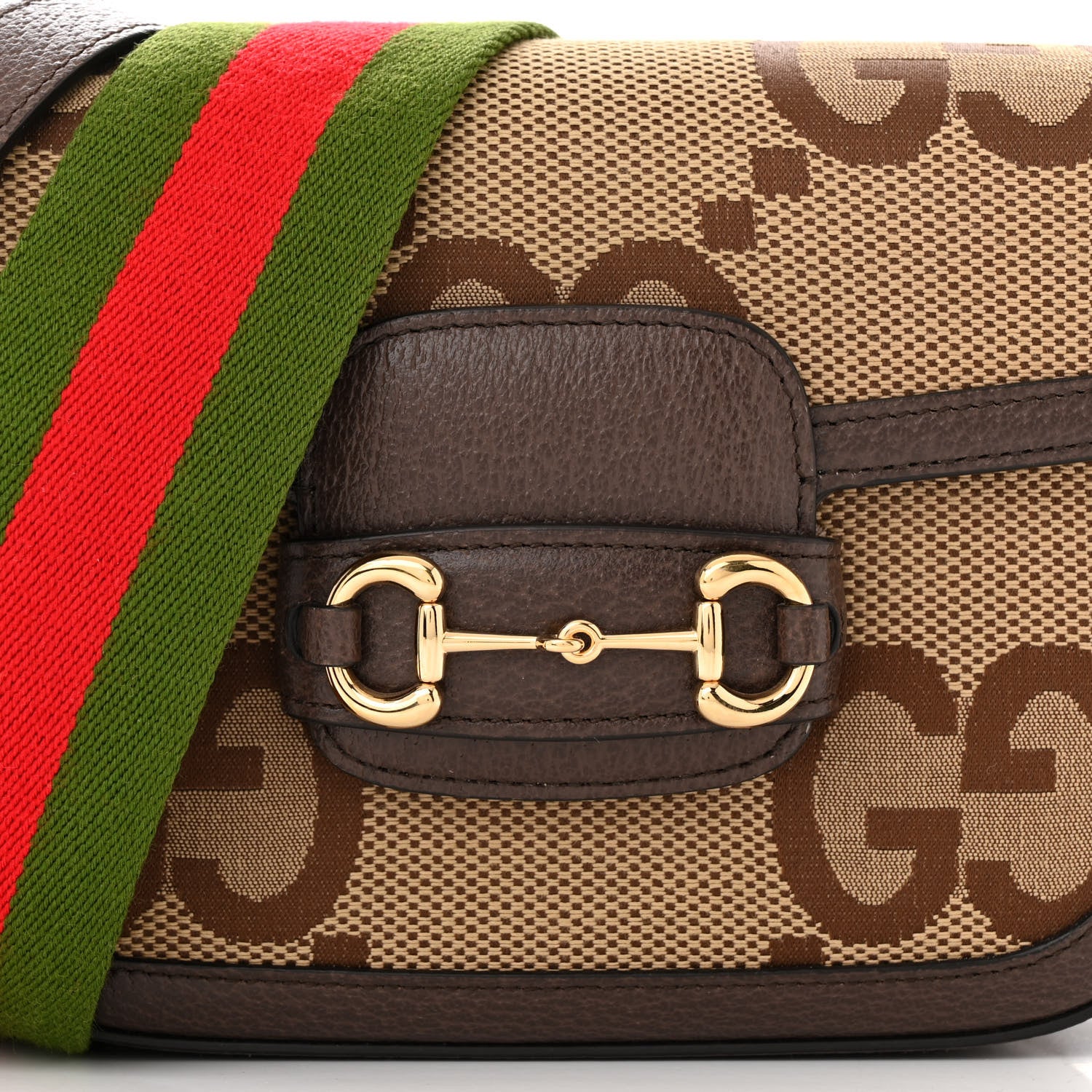 Gucci Monogram Jumbo GG Textured Dollar Calfskin Web Mini Horsebit 1955 Shoulder Bag  Camel Ebony New Acero 8 of 10