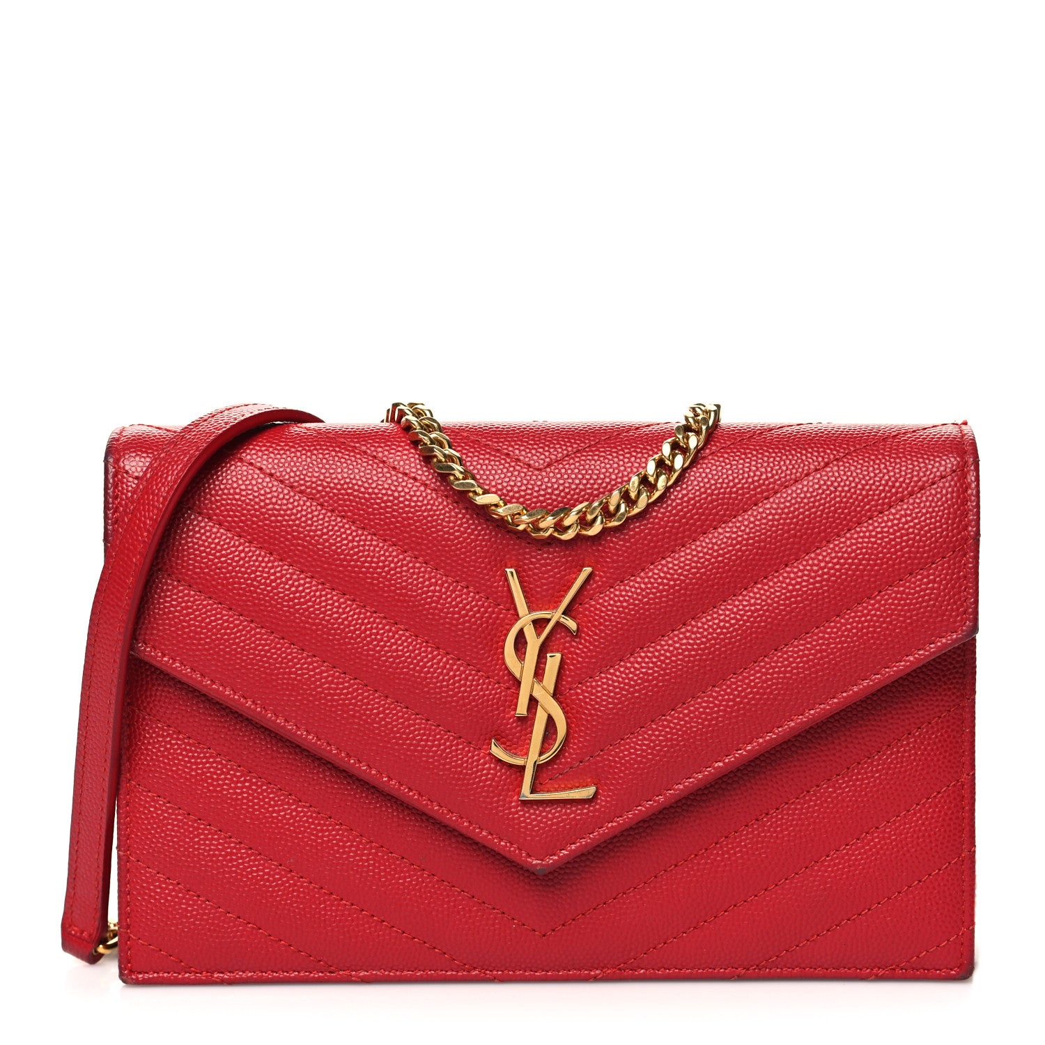 Saint Laurent Grain De Poudre Matelasse Chevron Monogram Envelope Chain Wallet New Red 1 of 18