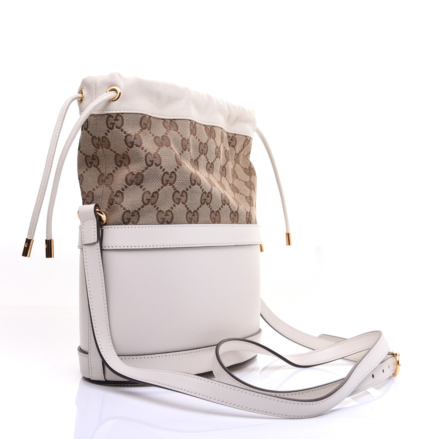 Monogram Textured Calfskin Horsebit 1955 Drawstring Bucket Bag Beige Mystic White