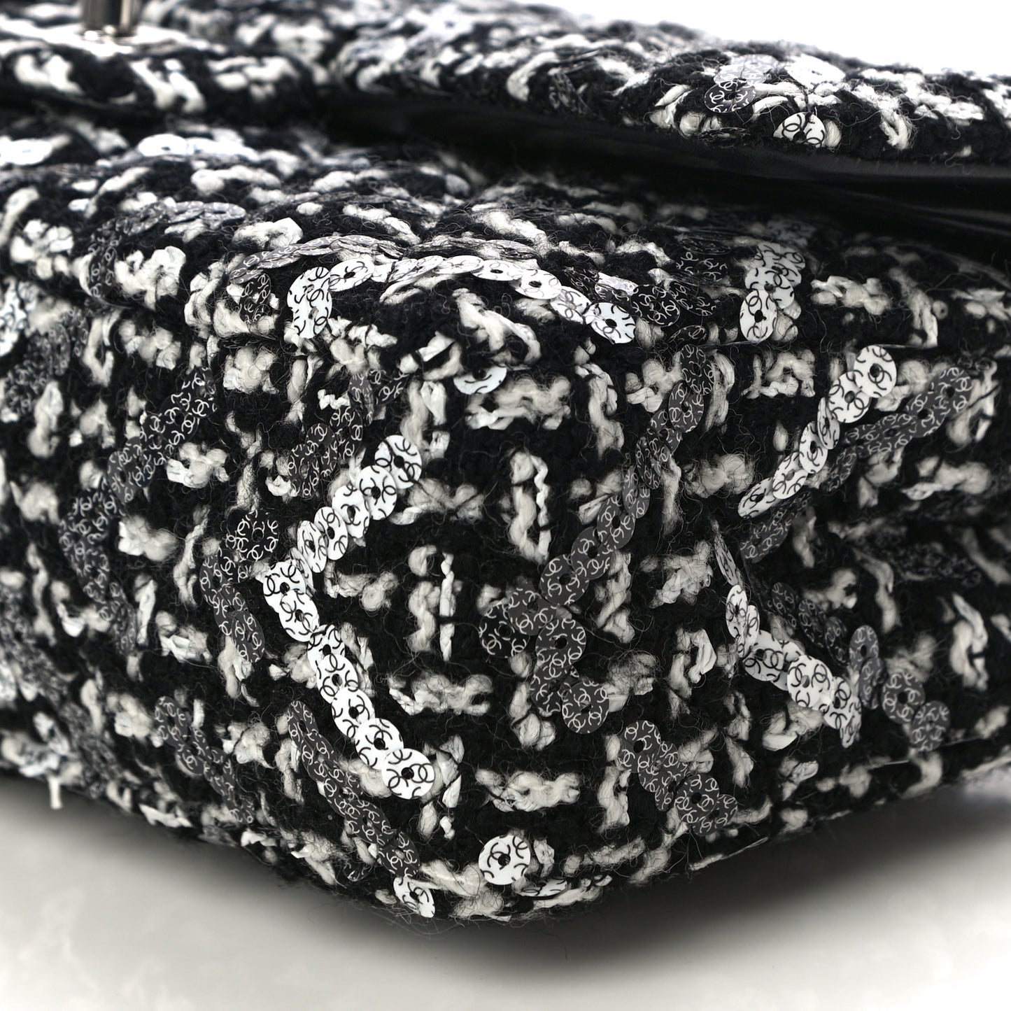 Tweed Sequin Quilted Medium Double Flap Black White