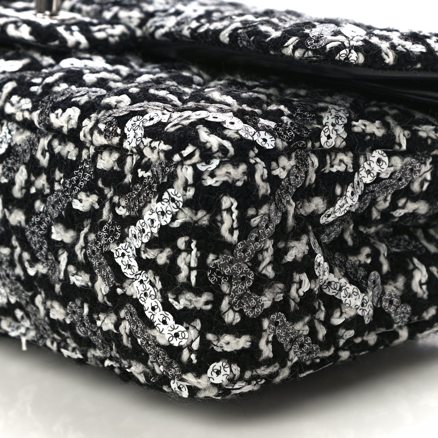Chanel Tweed Sequin Quilted Medium Double Flap Black White 10 of 12