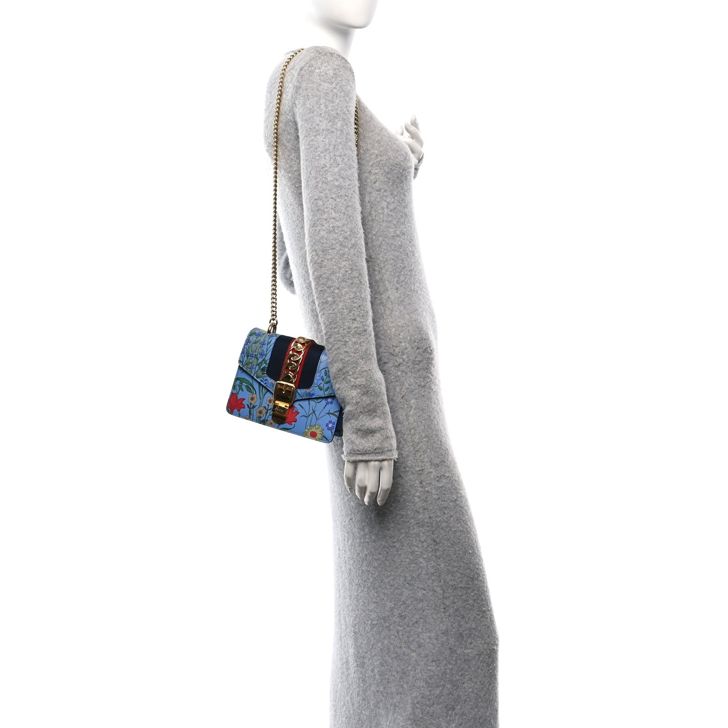 Shangai Calfskin Web New Flora Mini Sylvie Chain Shoulder Bag Azure