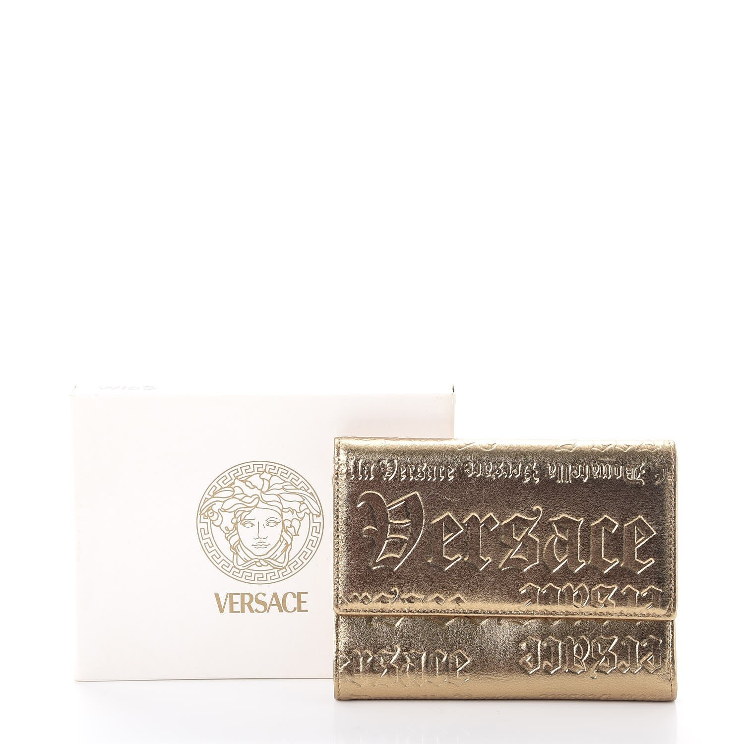 Versace Metallic Lambskin Logo Tri-Fold Flap Wallet Gold 9 of 9