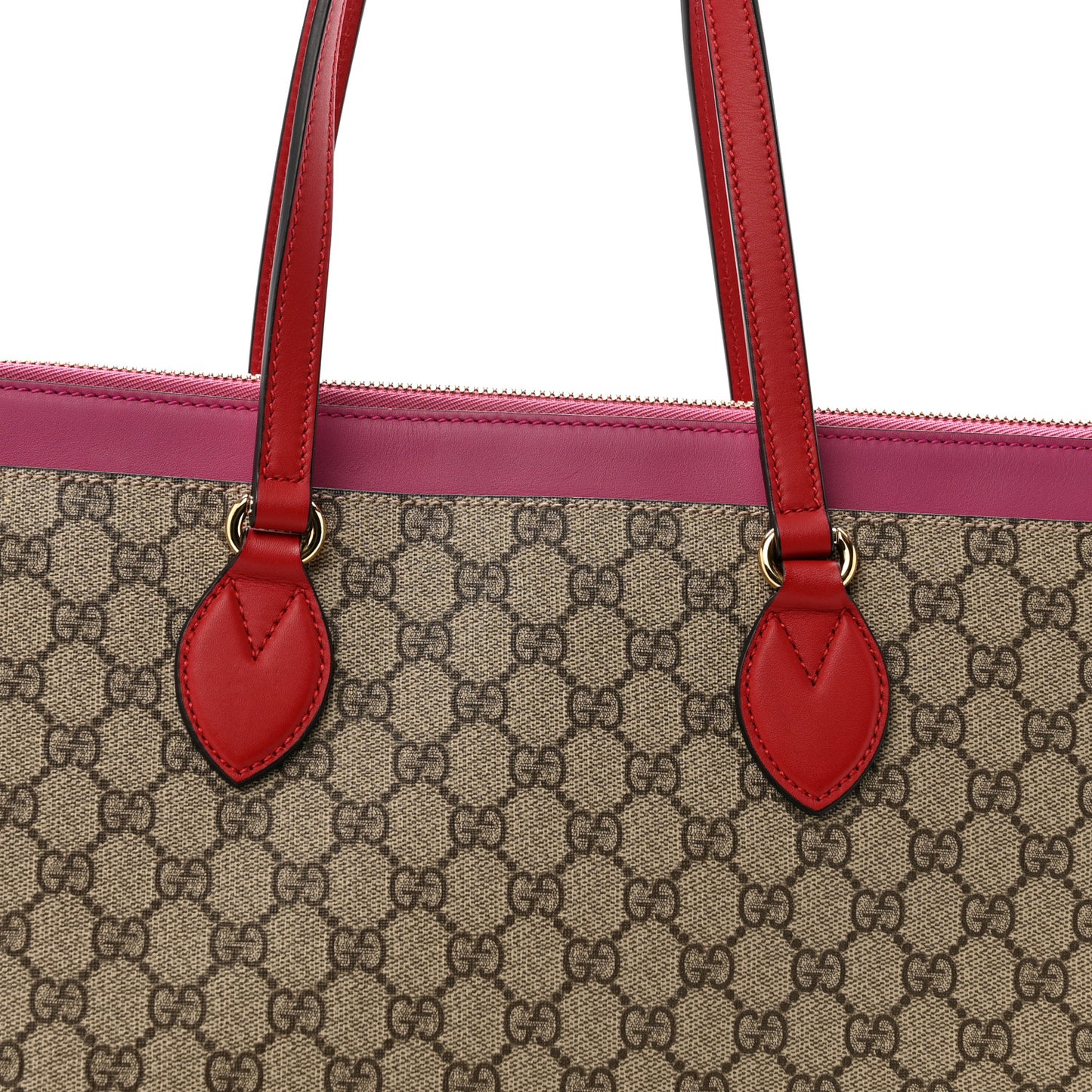 GG Supreme Monogram Medium Zippered Bucket Tote Beige Hibiscus Red New Rosette
