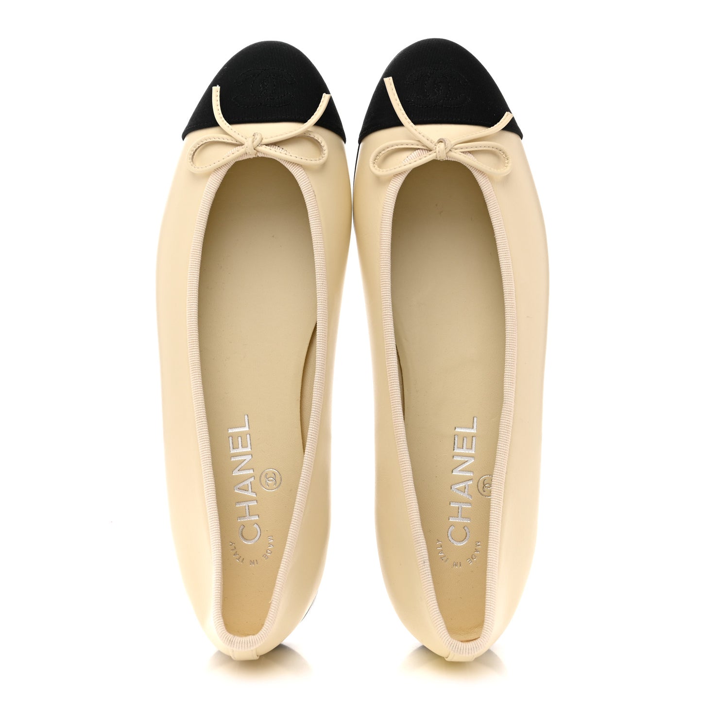 Calfskin Grosgrain Cap Toe CC Ballerina Flats 40 Ivory Black