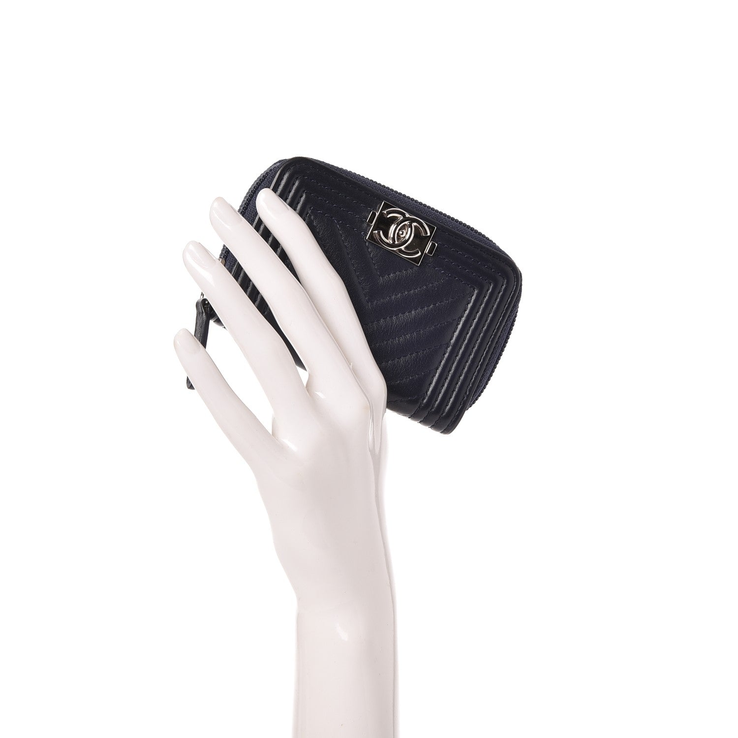Chanel Calfskin Chevron Zip Around Boy Coin Purse Wallet Dark Navy 2 of 8