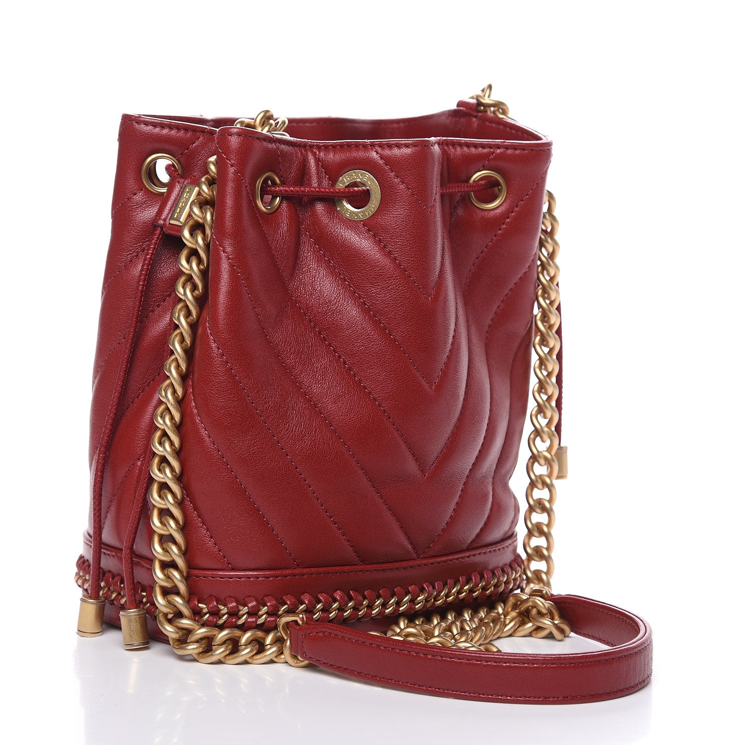 Chanel Sheepskin Chevron Quilted Small Drawstring Bag Dark Red 3 of 10