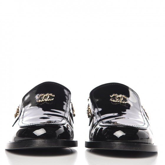 Patent Calfskin CC Chain Mocassin Loafers 38.5 Black