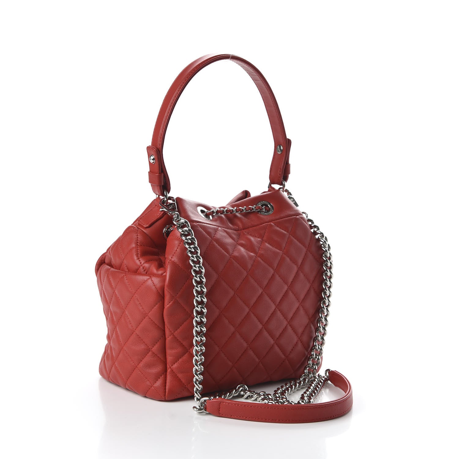 Chanel Lambskin Quilted Small CC Chain Drawstring Bucket Bag Red 2 of 9