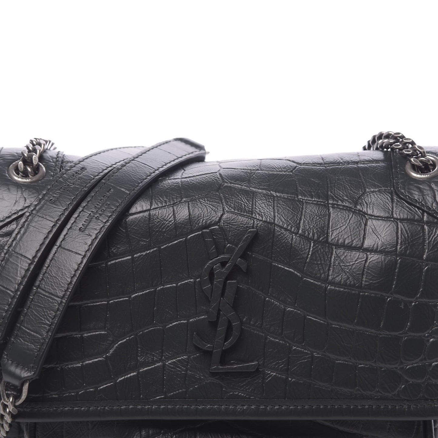 Calfskin Crocodile Embossed Matelasse Monogram Baby Niki Chain Satchel Black