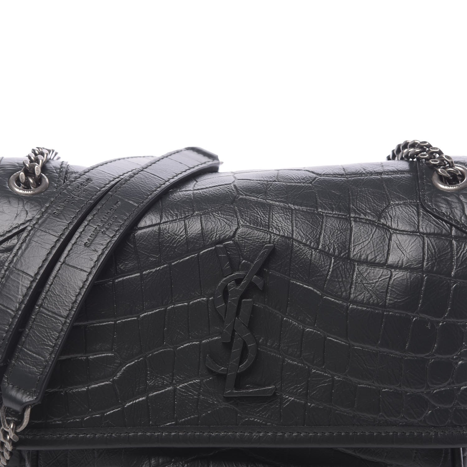 Saint Laurent Calfskin Crocodile Embossed Matelasse Monogram Baby Niki Chain Satchel Black 7 of 9
