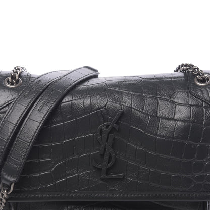 Saint Laurent Calfskin Crocodile Embossed Matelasse Monogram Baby Niki Chain Satchel Black 7 of 9
