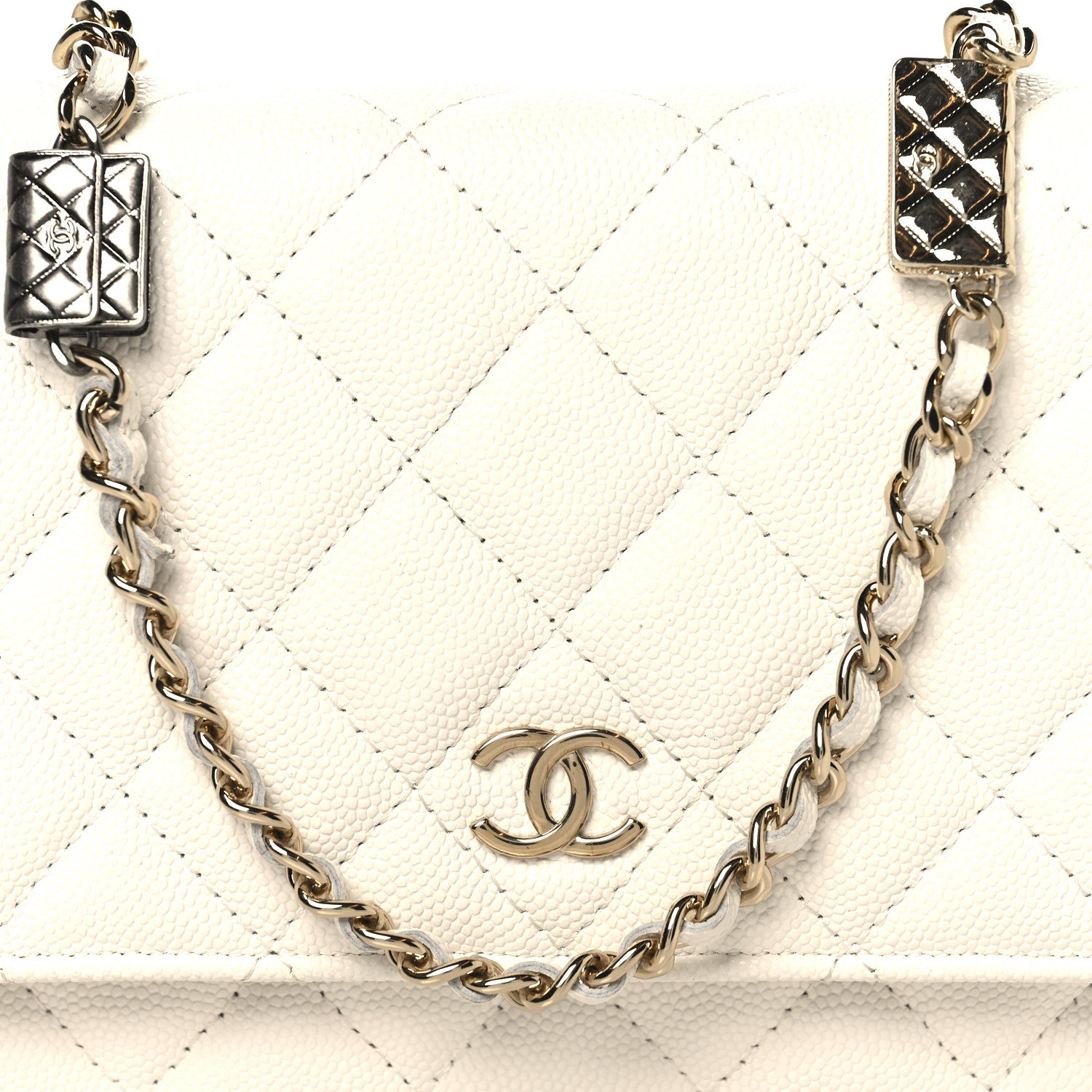 Chanel Shiny Caviar Quilted Flap Charm Wallet On Chain WOC White 9 of 12