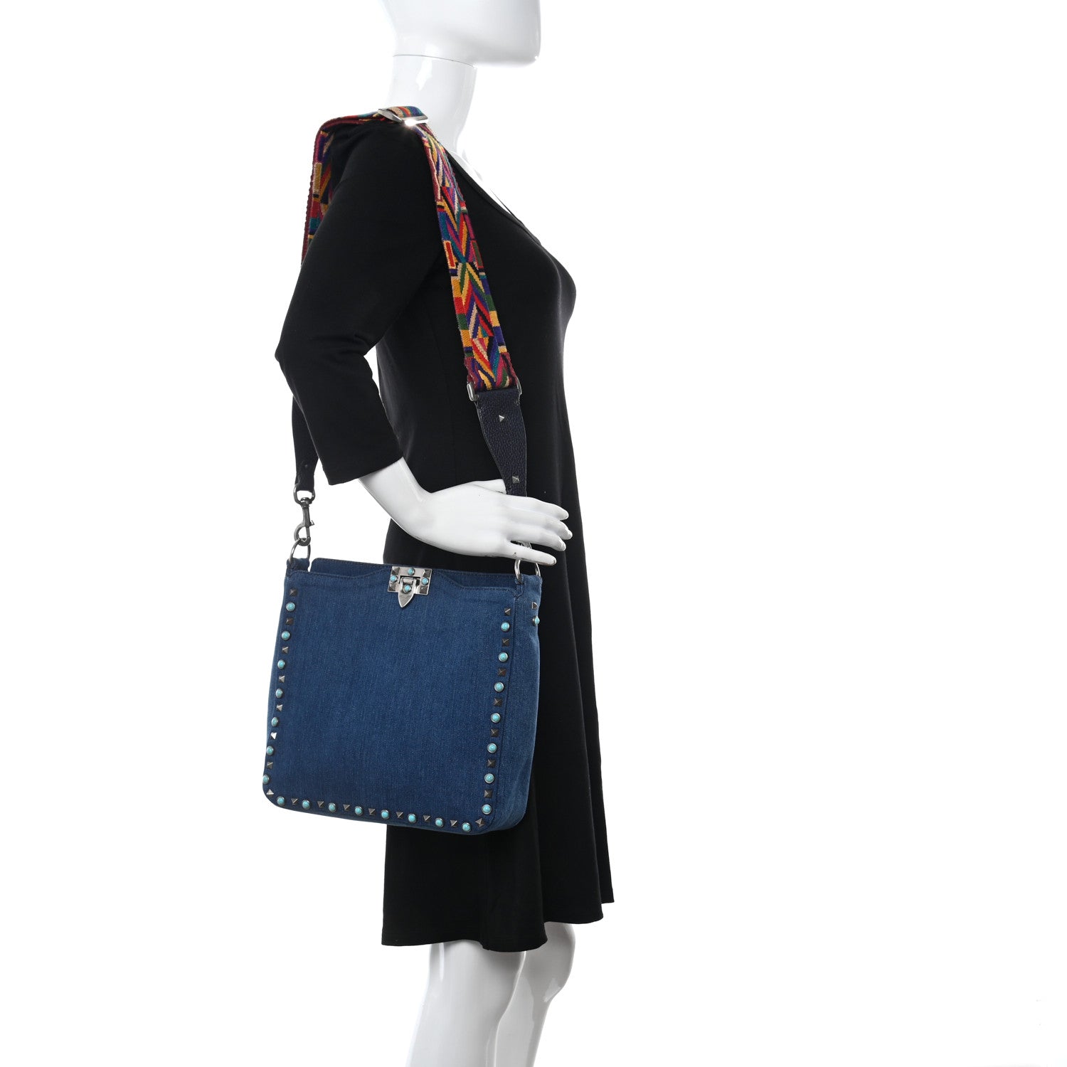 Valentino Garavani Denim Small Guitar Strap Rockstud Rolling Flip-Lock Messenger Bag Blue 2 of 7