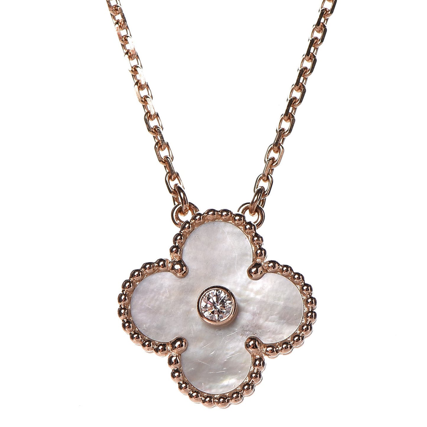18K Rose Gold Diamond Mother of Pearl Vintage Alhambra Pendant Necklace