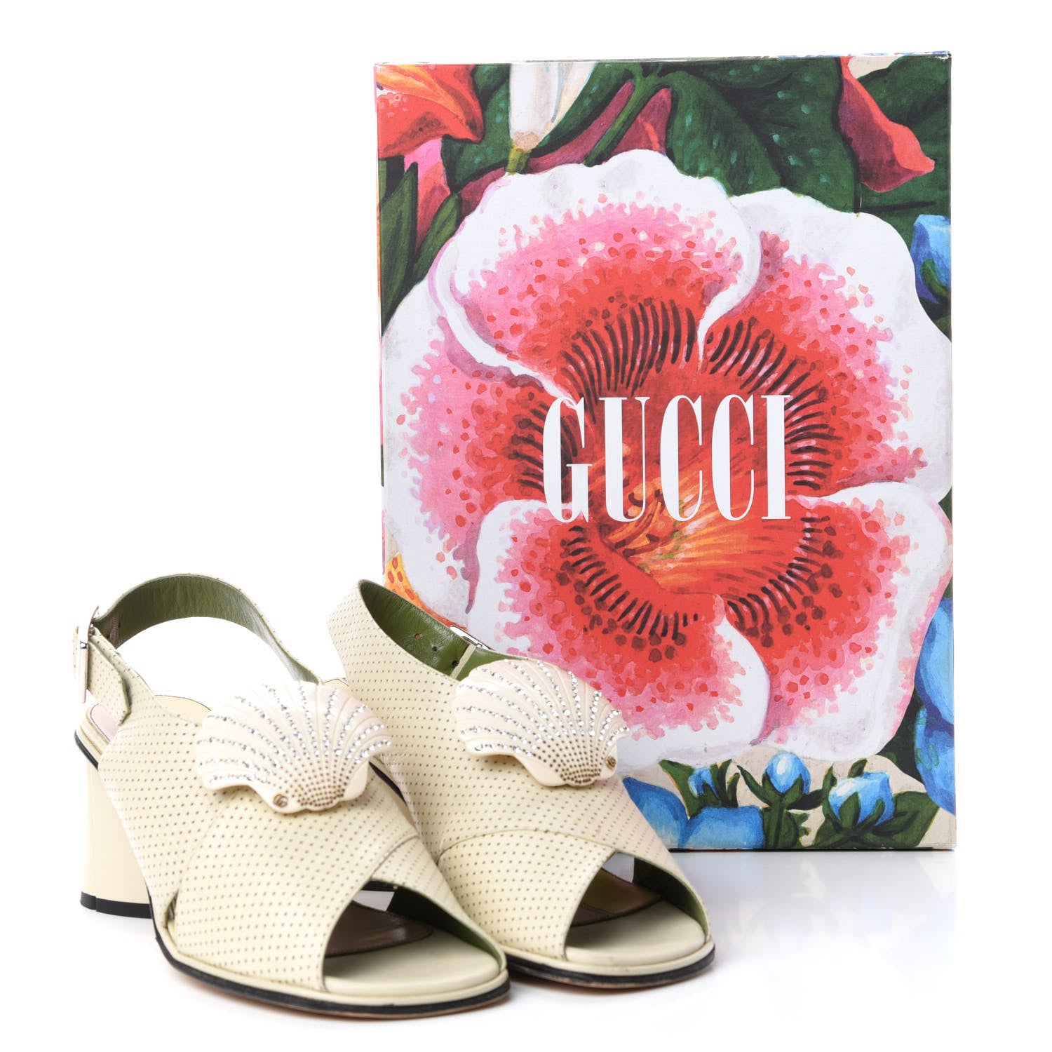 Gucci Calfskin Perforated Shell Embellished Slingback Sandals 38 Vintage White 11 of 11