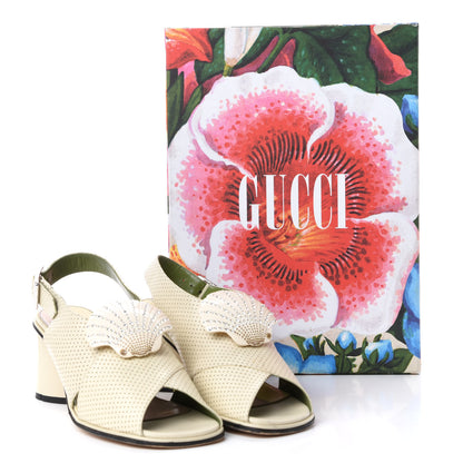 Gucci Calfskin Perforated Shell Embellished Slingback Sandals 38 Vintage White 11 of 11