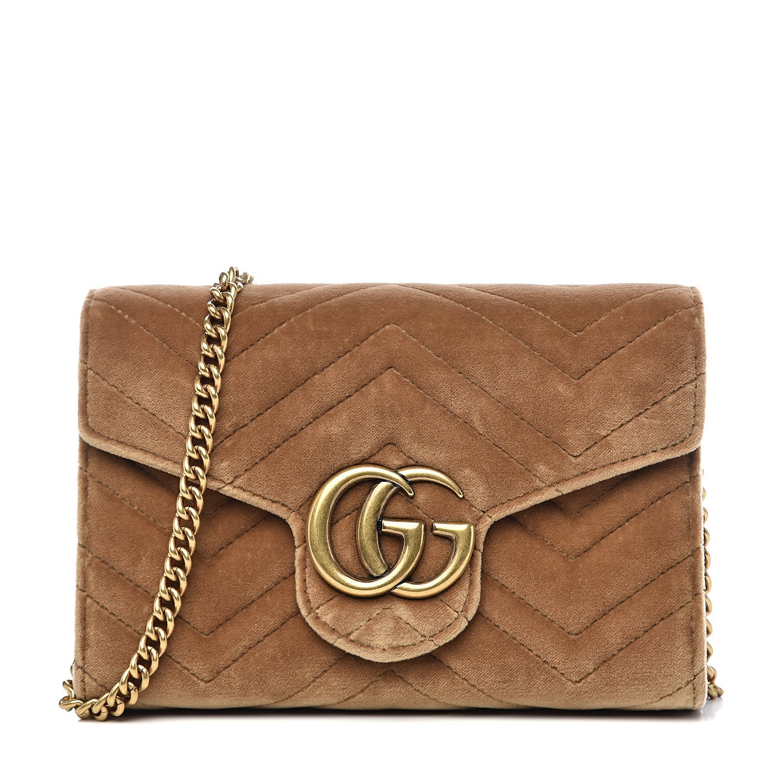 Gucci Velvet Matelasse GG Marmont Chain Wallet Taupe 1 of 11