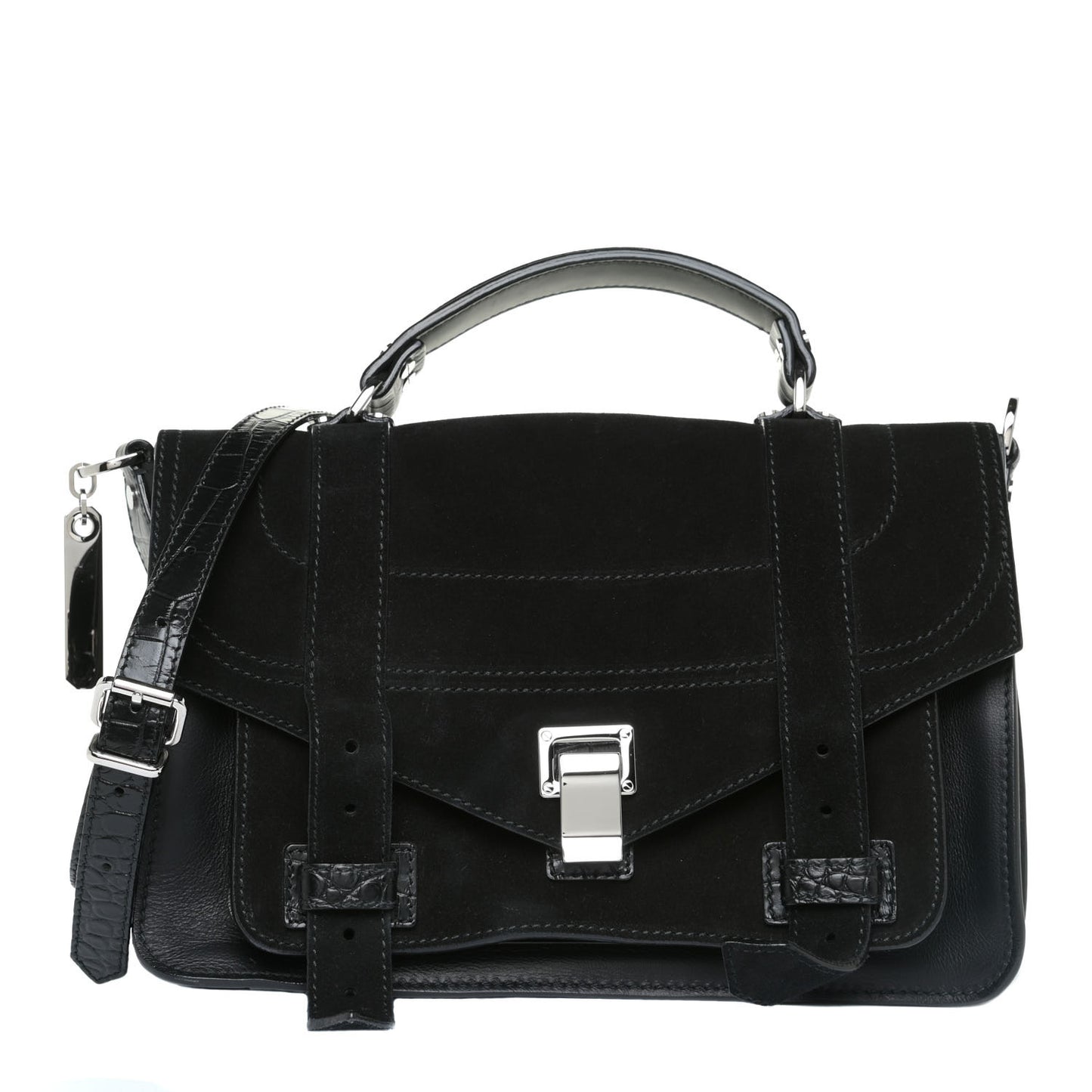 Suede Calfskin Crocodile Embossed Medium PS1 Satchel Black