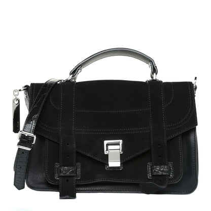 Proenza Schouler Suede Calfskin Crocodile Embossed Medium PS1 Satchel Black 1 of 12
