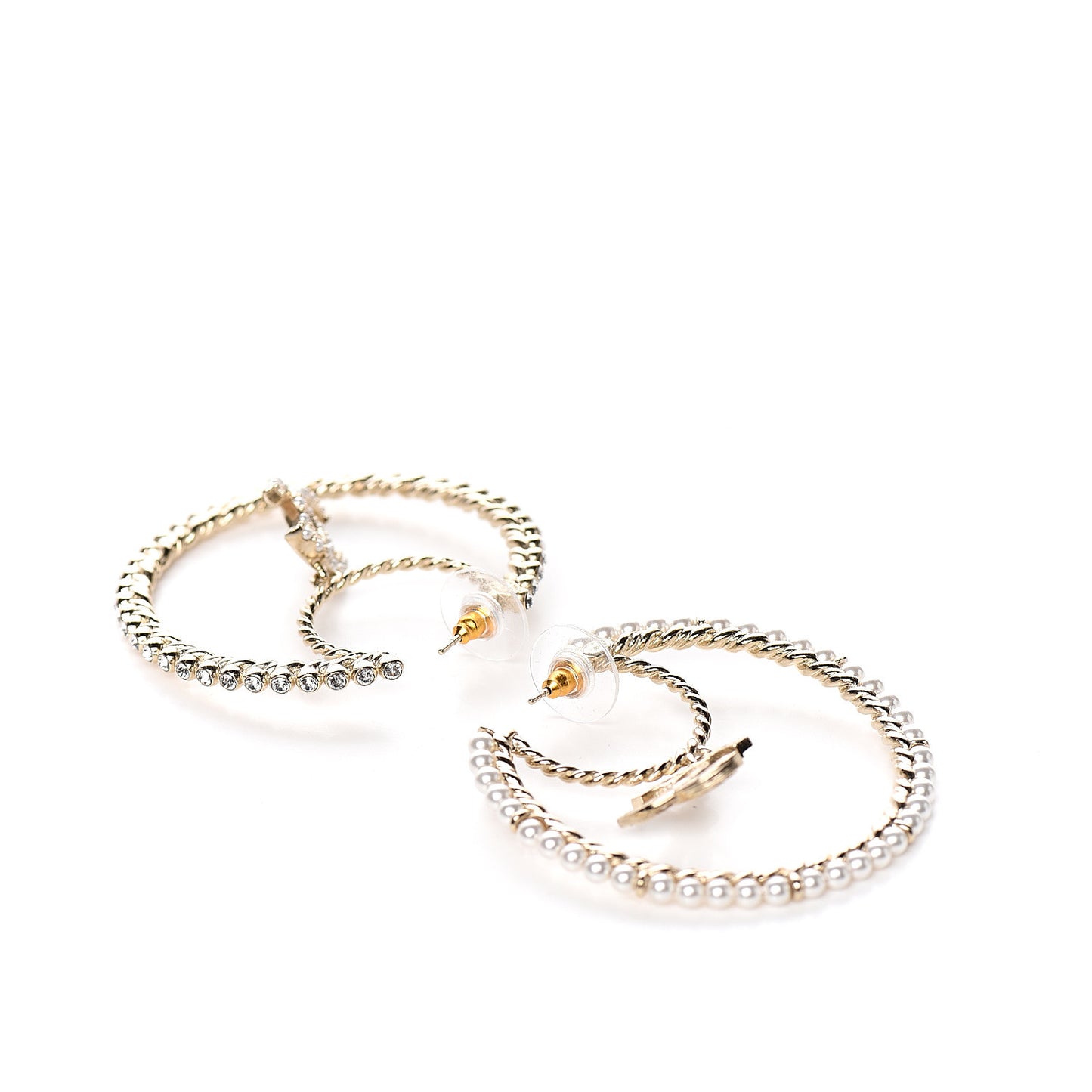 Crystal Pearl CC Drop Hoop Earrings Gold Pearly White