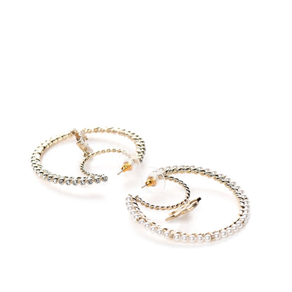 Chanel Crystal Pearl CC Drop Hoop Earrings Gold Pearly White 3 of 5