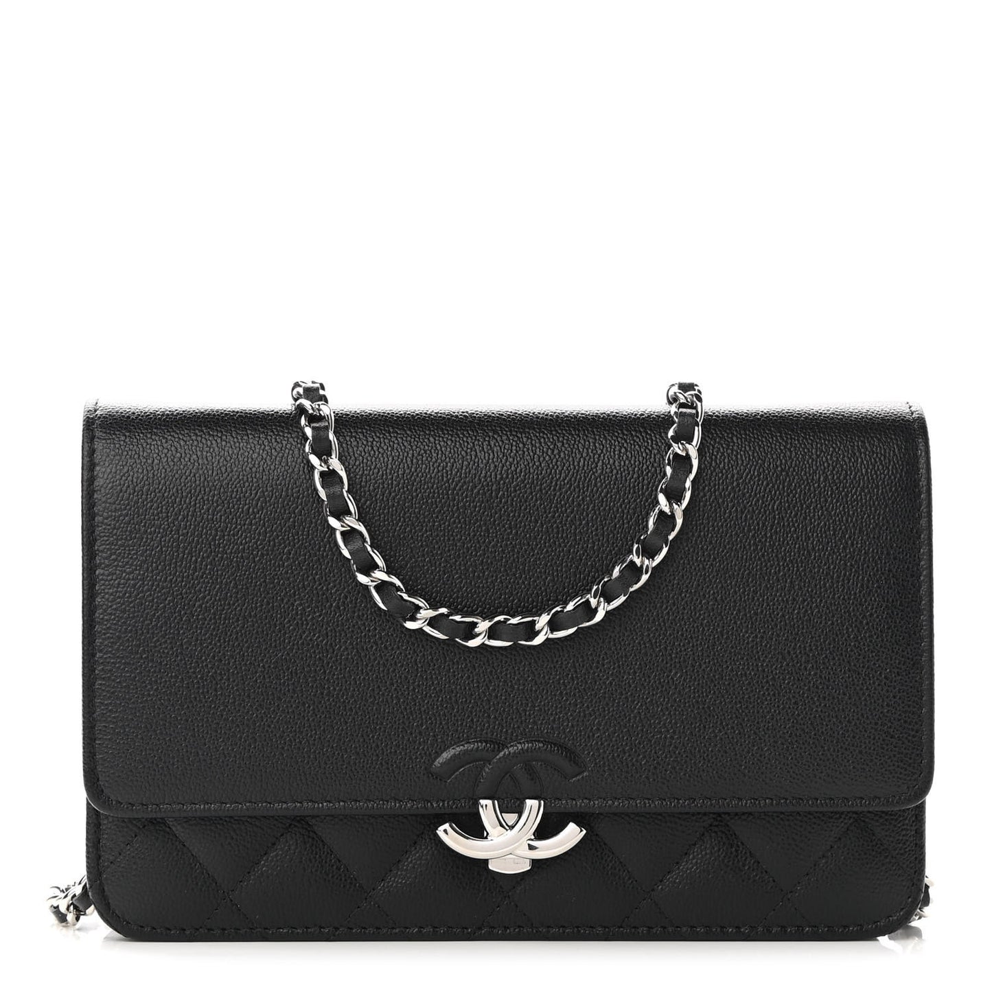Grained Calfskin Quilted CC Box Wallet On Chain WOC Black