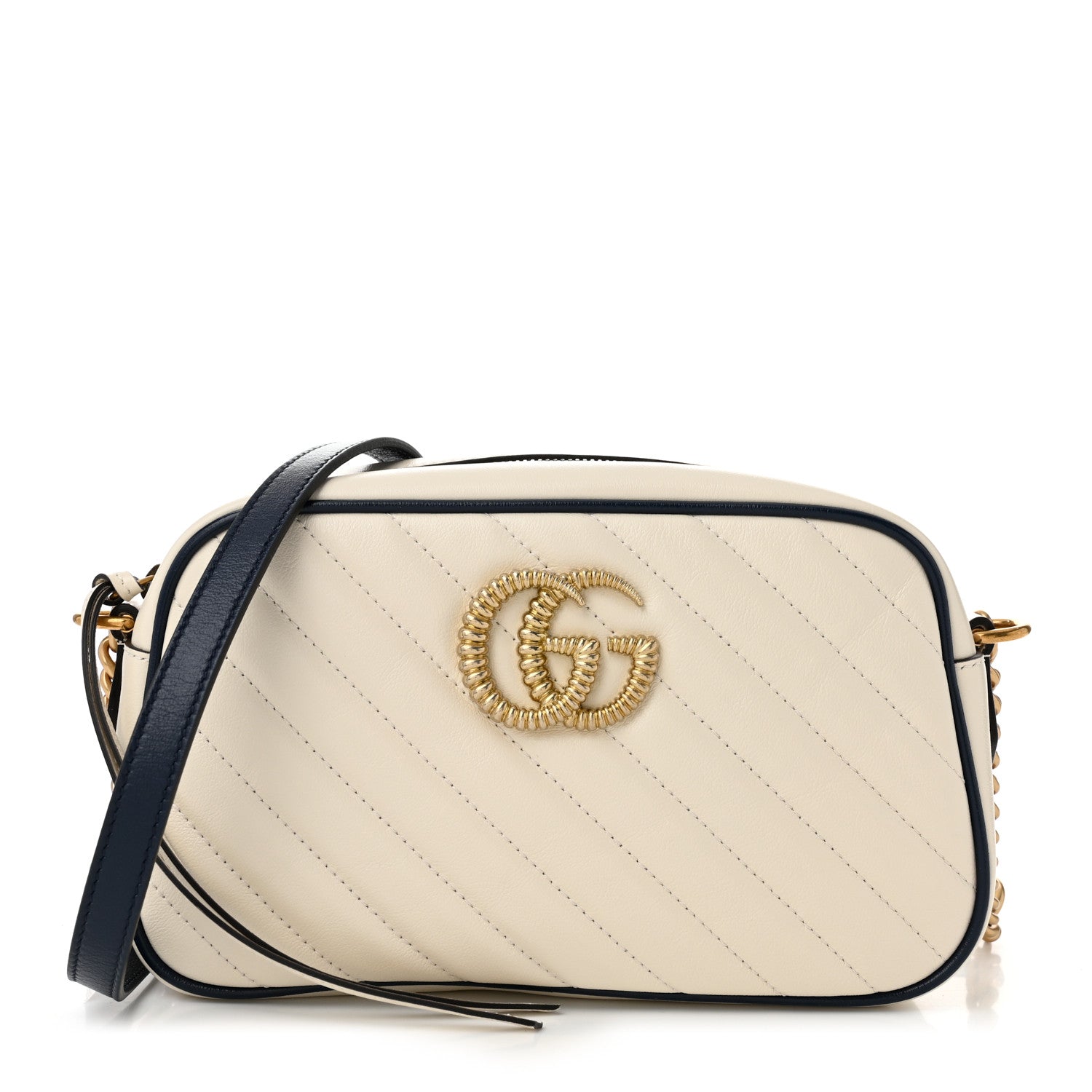 Gucci Vintage Effect Calfskin Matelasse Diagonal Small Torchon GG Marmont Chain Shoulder Bag Mystic White Blue Agata 1 of 10