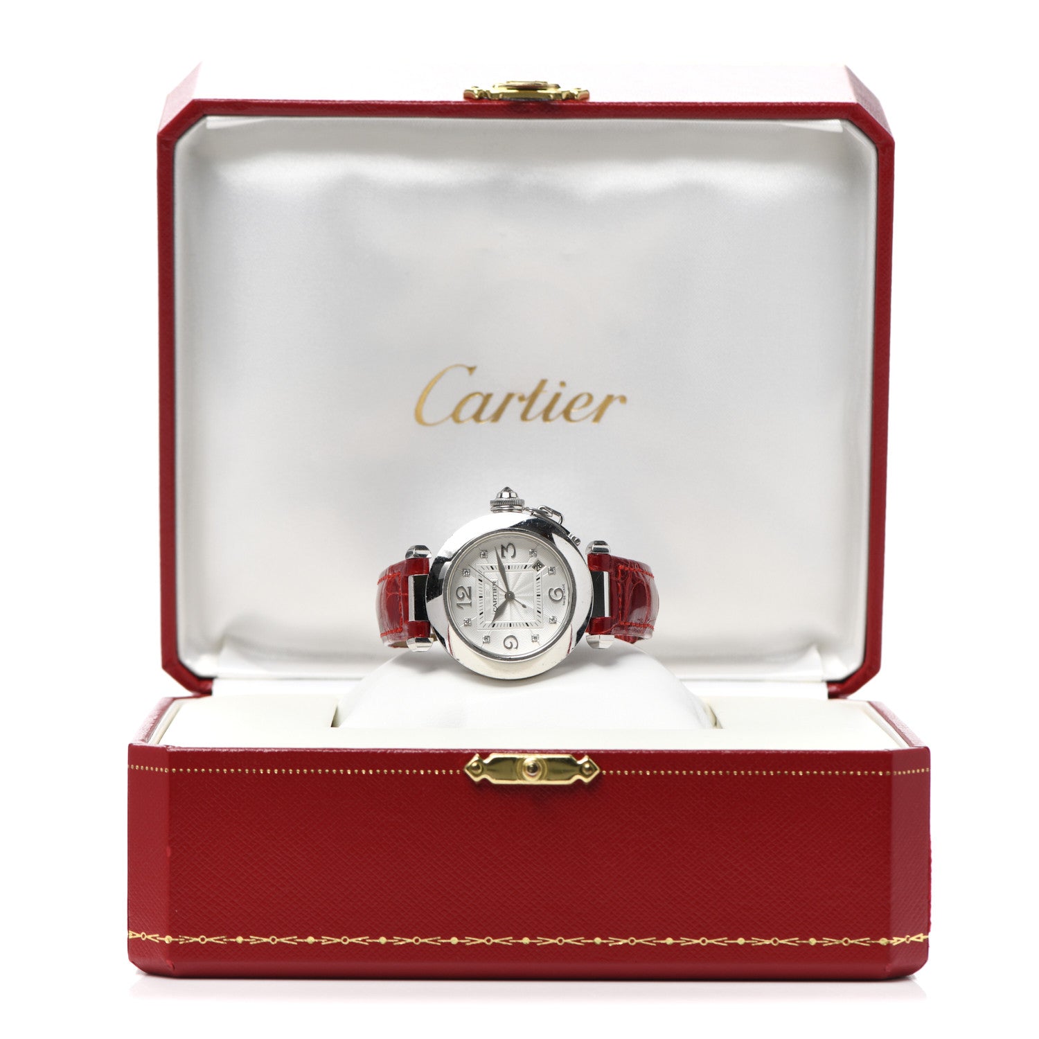 Cartier 18K White Gold Diamond Alligator 32mm Pasha C Automatic Watch Red 6 of 6