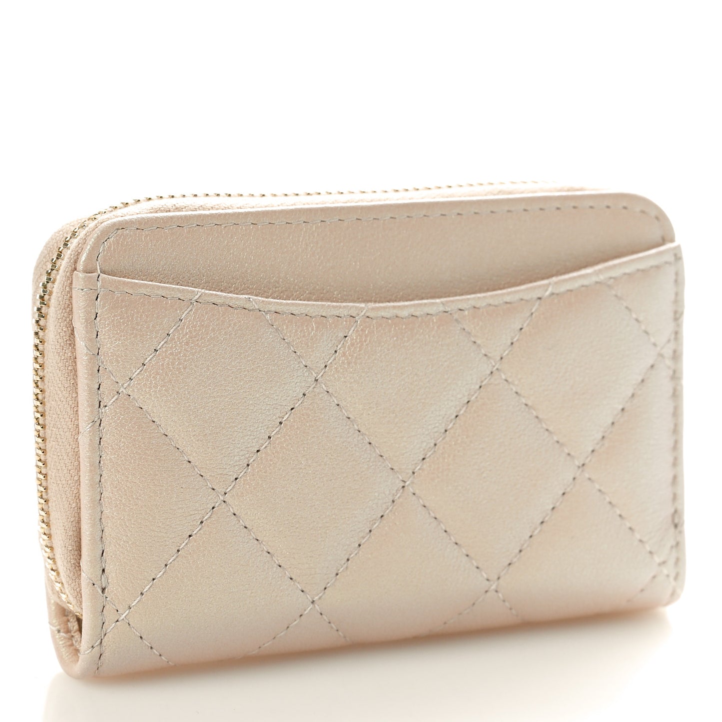 Iridescent Calfskin Quilted Zip Coin Purse Wallet Beige