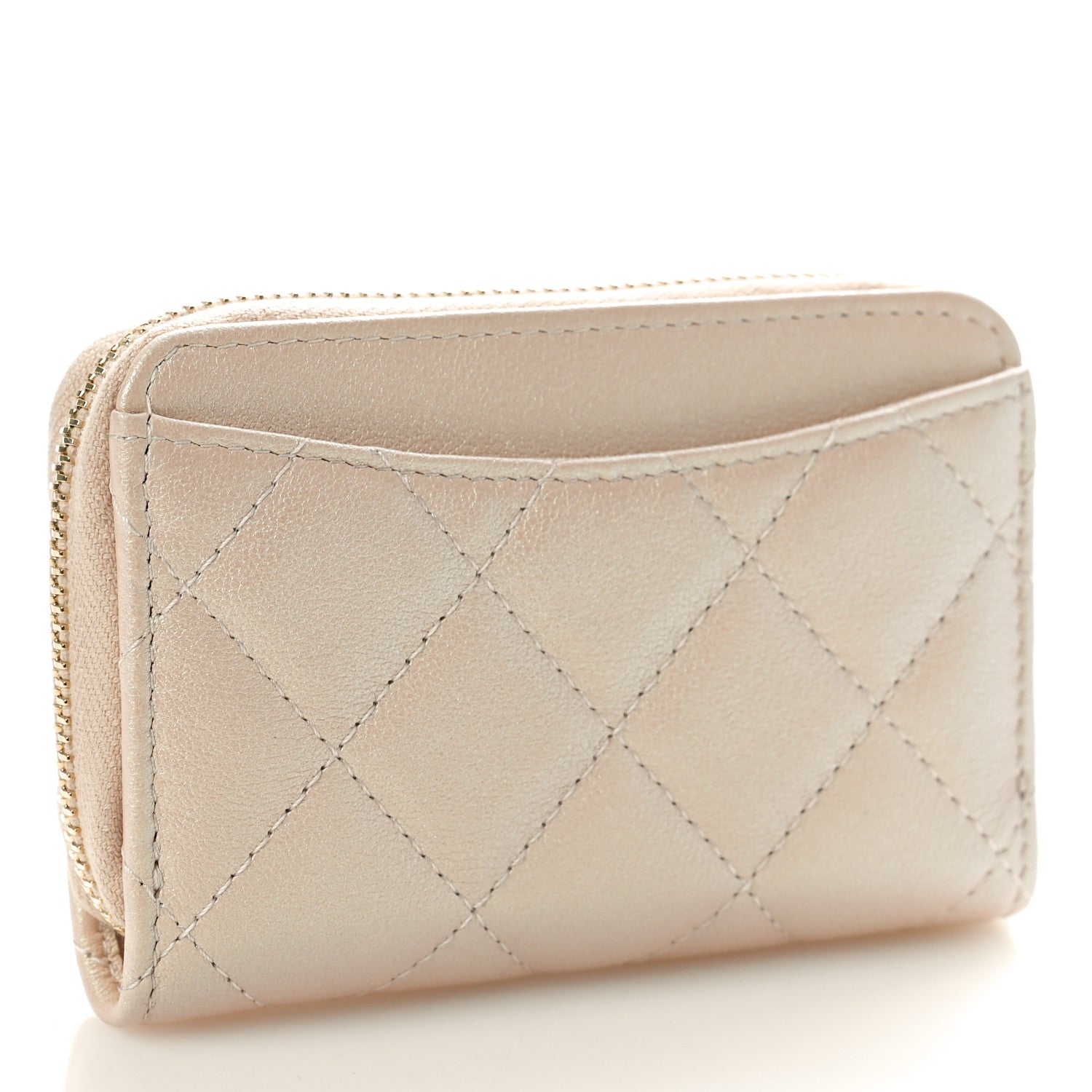 Chanel Iridescent Calfskin Quilted Zip Coin Purse Wallet Beige 3 of 9