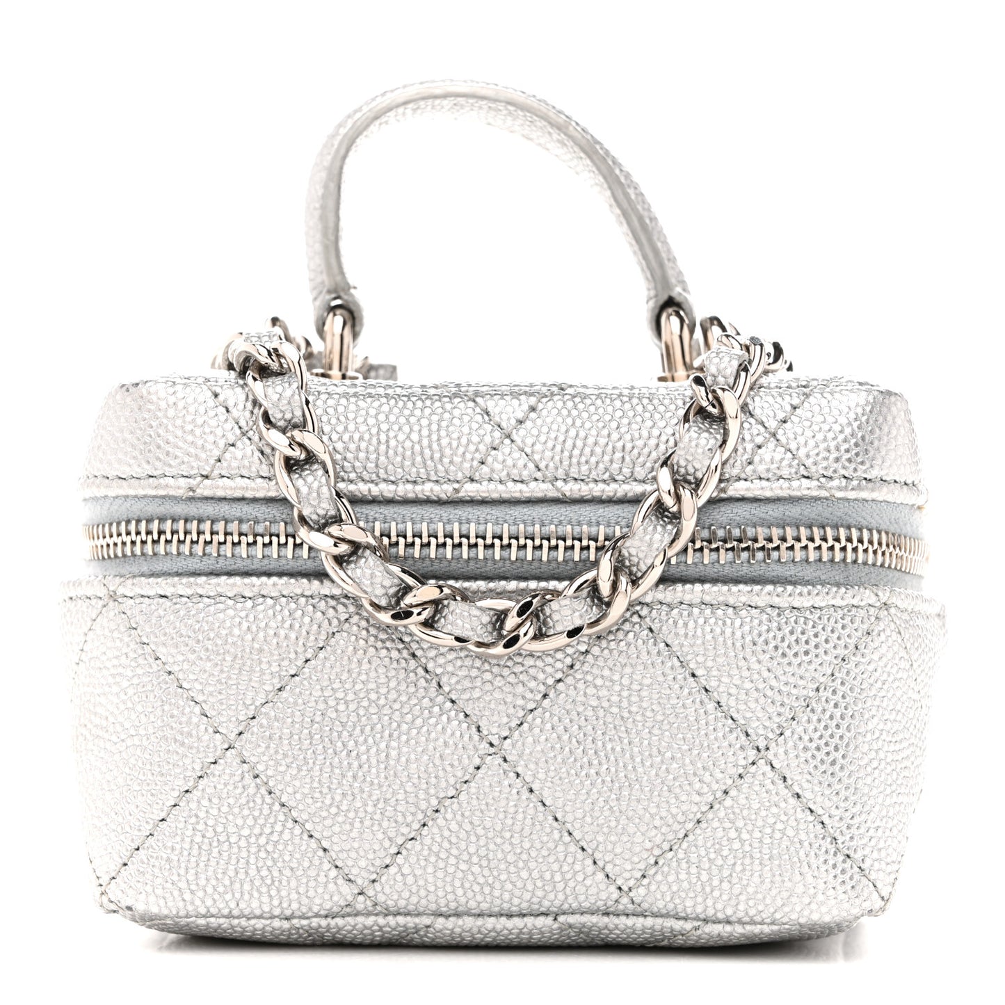 Metallic Caviar Quilted Mini Top Handle Vanity With Chain Silver