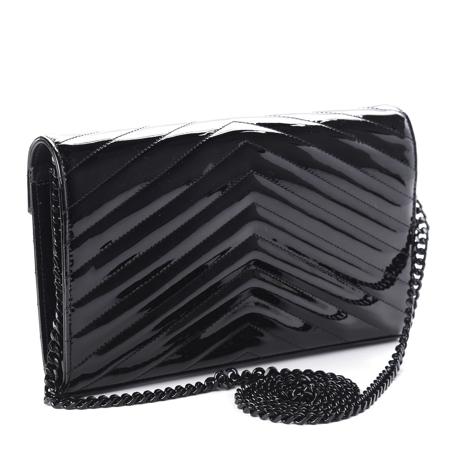 Patent Matelasse Chevron Monogram Chain Wallet Black