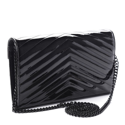 Saint Laurent Patent Matelasse Chevron Monogram Chain Wallet Black 3 of 10