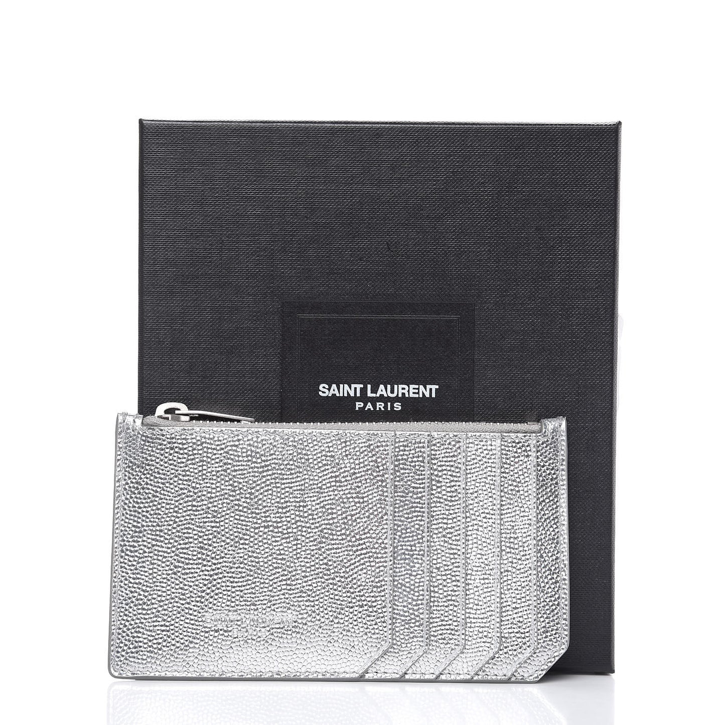Grained Calfskin 5 Fragments Zip Pouch Card Holder Silver
