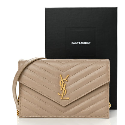 Saint Laurent Grain De Poudre Matelasse Chevron Monogram Envelope Chain Wallet Dark Beige 11 of 11