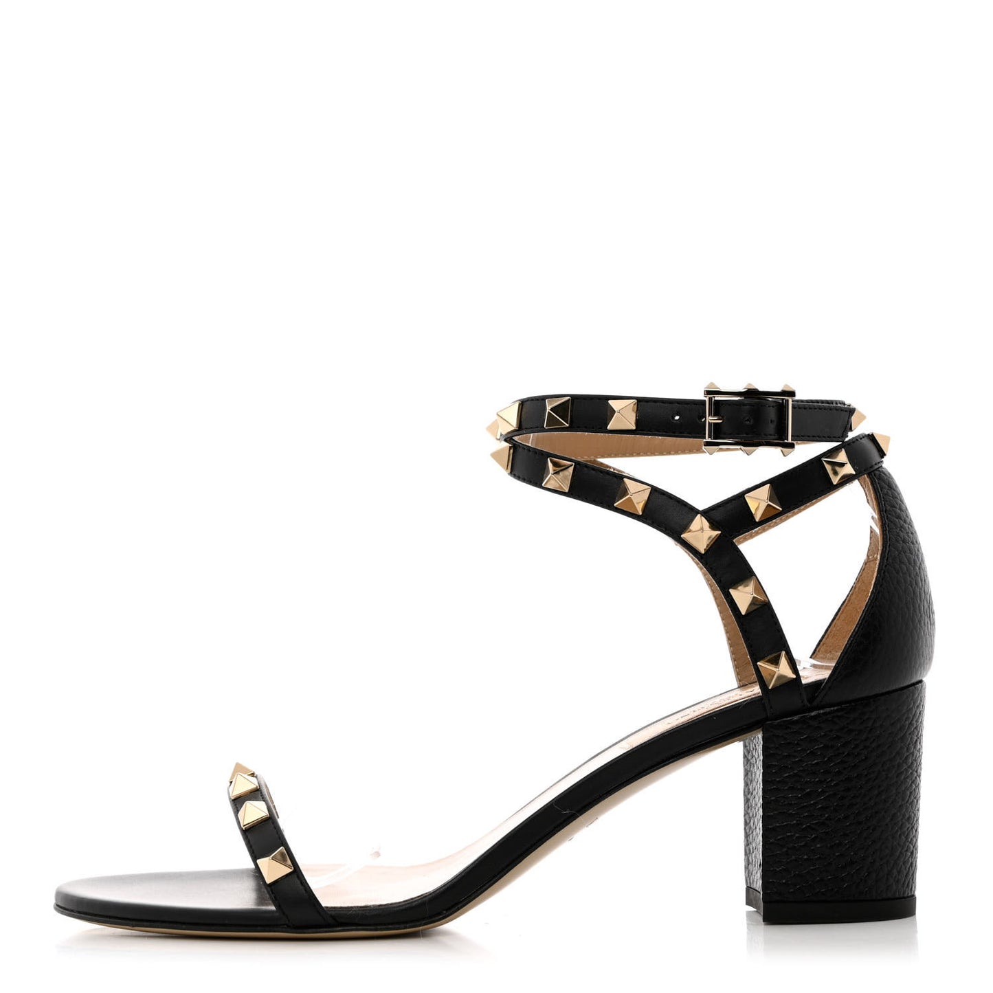 Pebbled Calfskin Rockstud Ankle Strap 60mm Sandals 38 Black